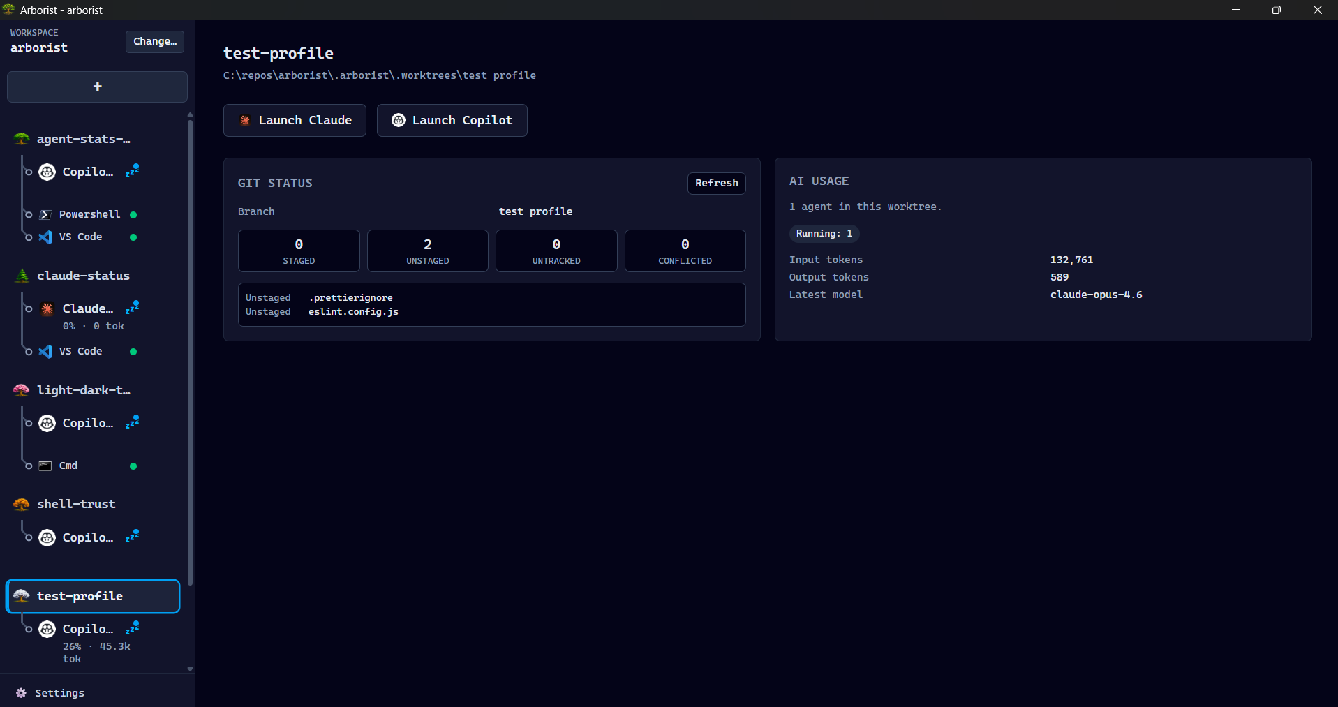 Screenshot of the Arborist app showing worktree tabs, child AI sessions, git status dashboard, and AI usage stats.